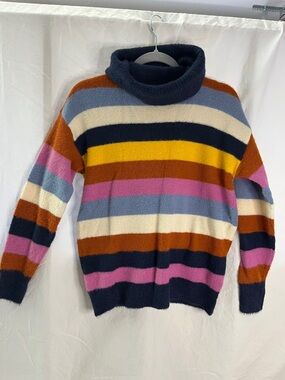 Caslon Striped Turtleneck Sweater in Navy, Mustard & Pink S